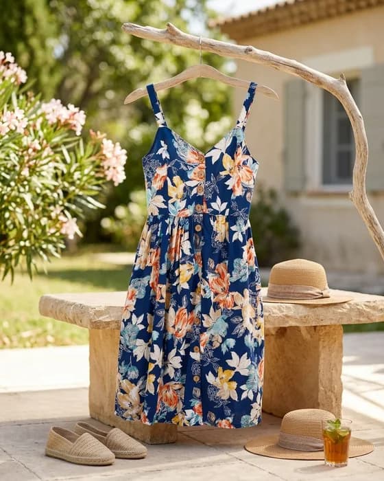 The dress styled on a stone bench in a sunlit garden, with a straw hat and espadrilles