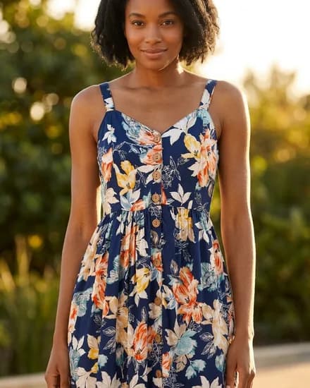 The same dress worn by the saved model, photographed outdoors in evening light